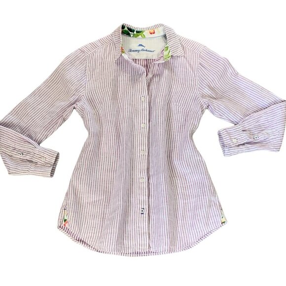 Tommy Bahama S Linen Striped Button Front Blouse Floral Contrast Accent 9G - Picture 1 of 8